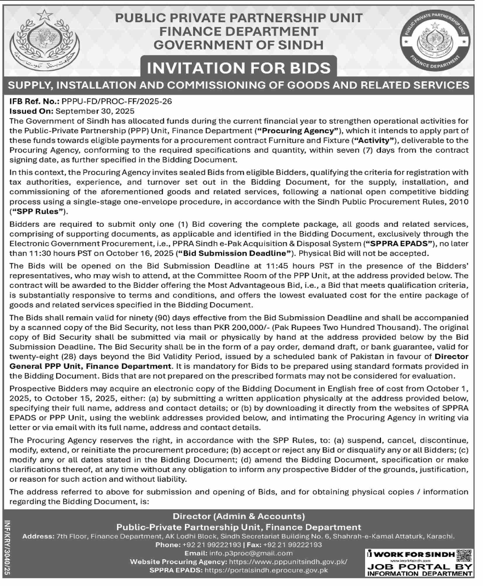 Finance Department Sindh Tender Notice